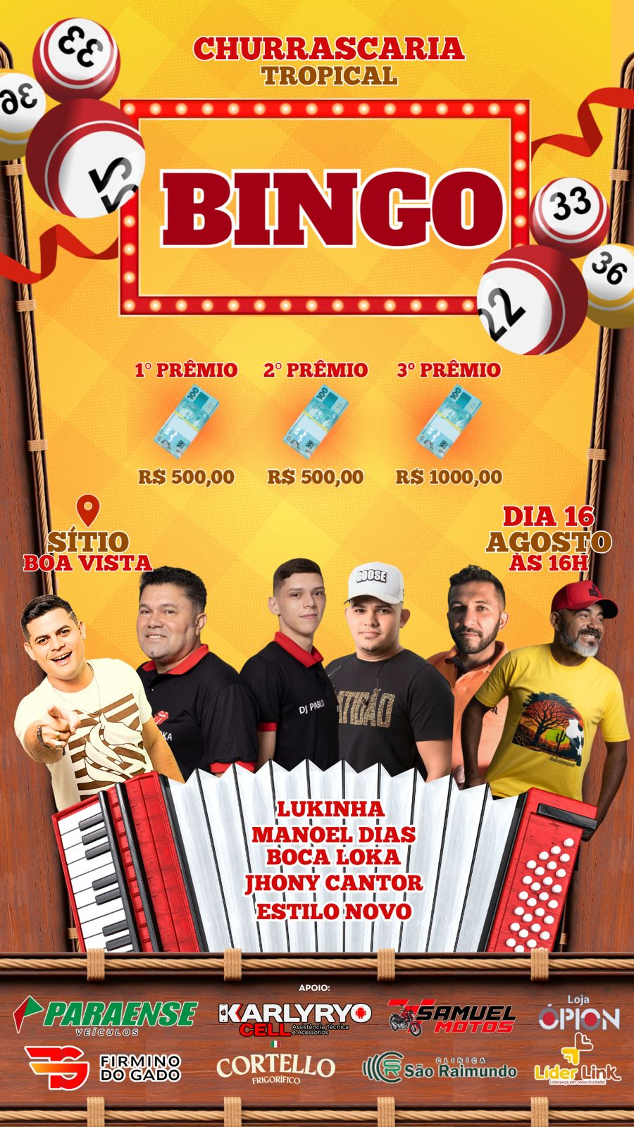 Churrascaria Tropical realiza bingo com shows e prêmios em dinheiro no Sítio Boa Vista