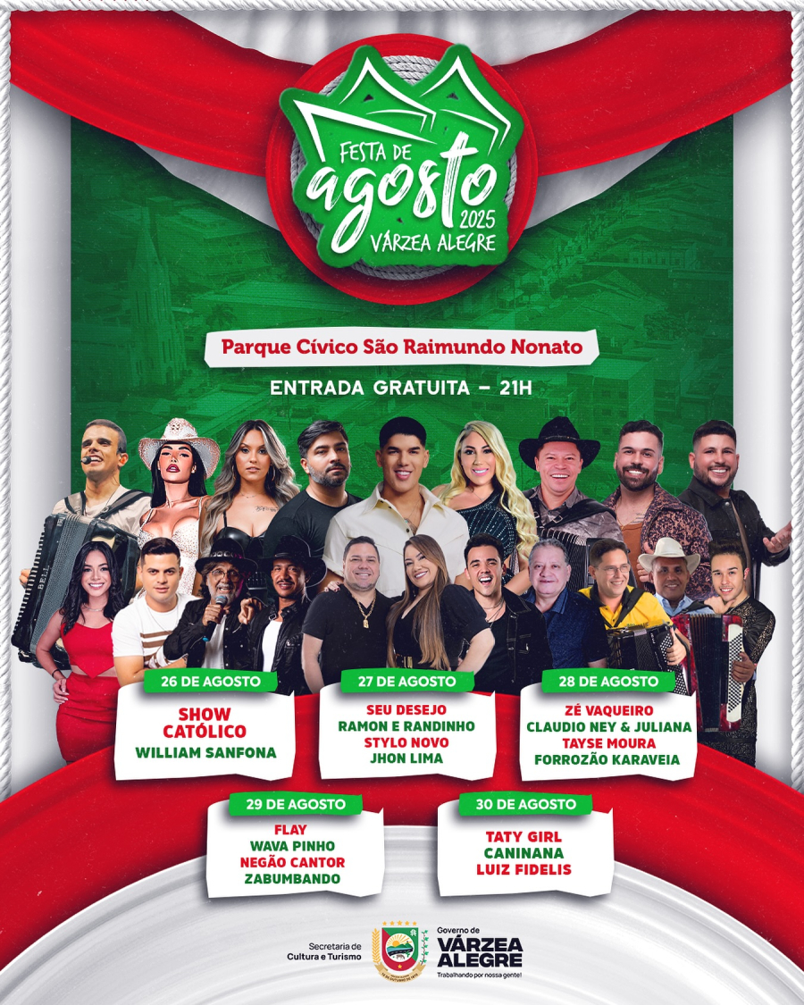 Festa de Agosto 2025 em Várzea Alegre terá grandes atrações musicais